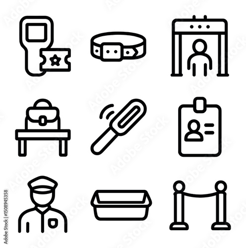 Event Security Icons. Outline icon set of event entry security: ticket scanner, wristband clasp, security gate, bag check table,