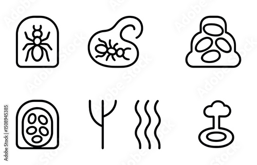 Minimalist ant icon set with habitat and plant symbols for educational design