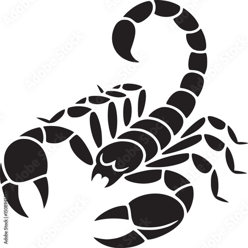 A black and white illustration of a scorpion with its stinger raised and its claws open and ready to strike