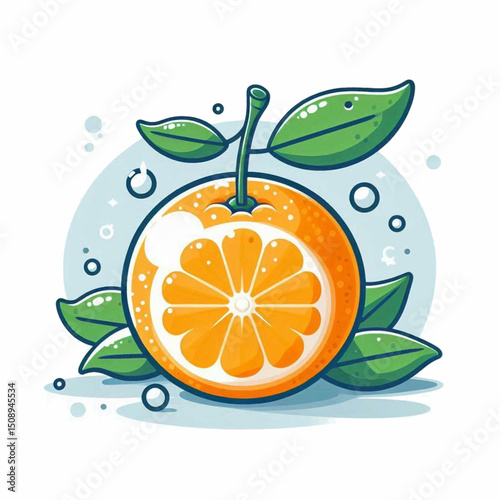 A halved orange sits amid leaves and floating bubbles with the inner fruit section clearly visible