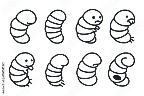 Cute cartoon larvae with various expressions for children's education