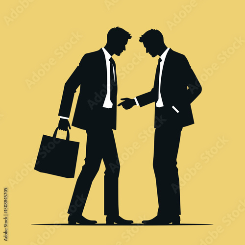 Businessmen discussing in formal attire with briefcase and yellow background  