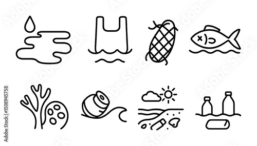 Environmental icons highlighting ocean pollution and conservation awareness