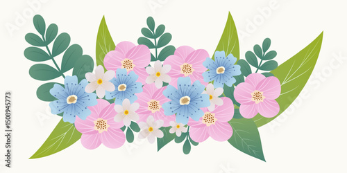 Pastel Floral Bouquet with Pink, Blue & White Flowers and Green Leaves. Perfect for stationery, invitations, packaging, and elegant design projects.