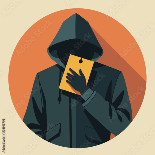 Anonymous figure in a hoodie holding a yellow card on a circular background  