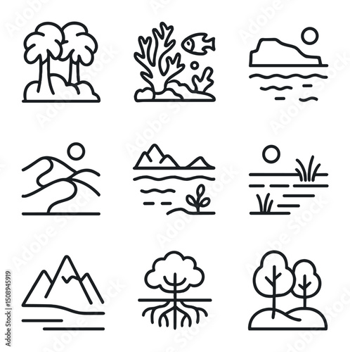 Earth Ecosystems Icons. Outline icon set of Earth’s ecosystems: rainforest canopy, coral reef,