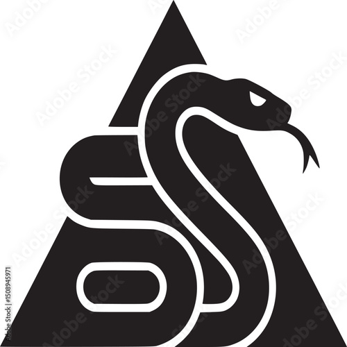 A black snake coiled in front of a black triangle with its tongue sticking out on a white background