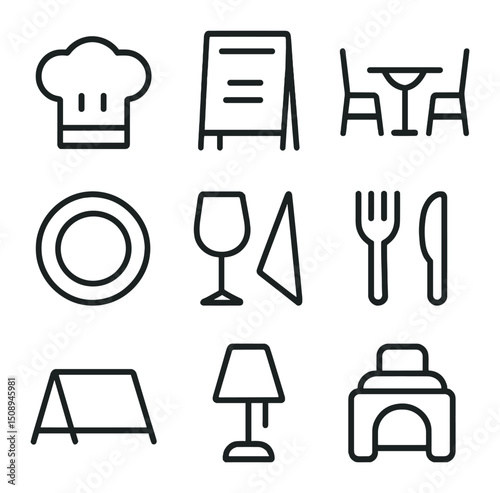 Farm-to-Table Icons. Outline icon set of farm-to-table restaurant: chef hat, menu board, dining table, plate, wine glass, napkin,