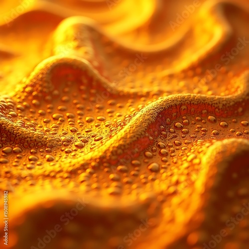 Golden liquid texture with water droplets abstract background close up macro shot for design concept