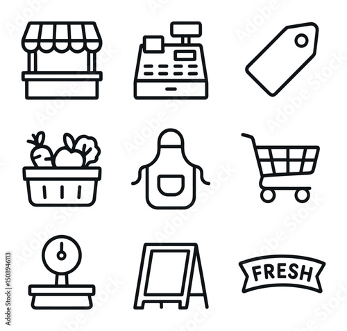 Farmers Market Icons. Outline icon set of farmers market scene: market stall, cash register, price tag, produce basket, vendor
