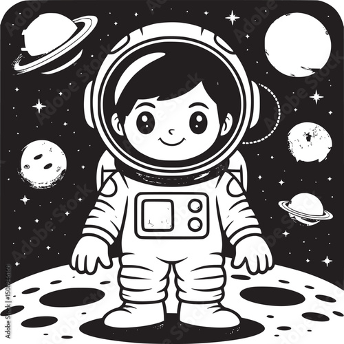 Cartoon astronaut boy standing on moon surface surrounded by planets and stars in outer space background