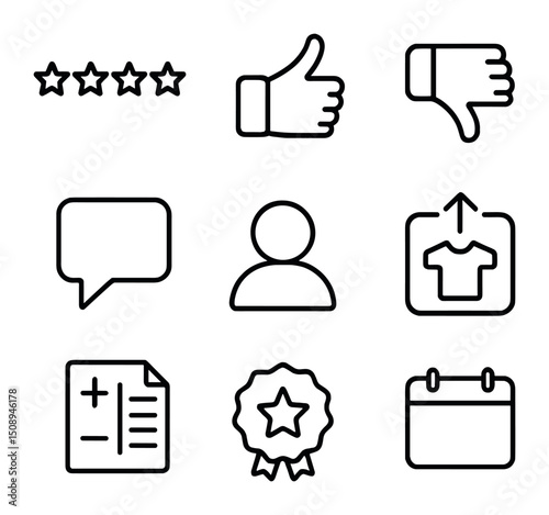 Fashion Review Icons. Outline icon set of fashion reviews & ratings: star rating, thumbs-up, thumbs-down, comment bubble, user