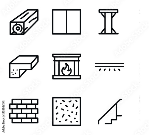 Modern Material Icons. Outline icon set of blending old and new materials: reclaimed wood beam, glass partition wall, steel