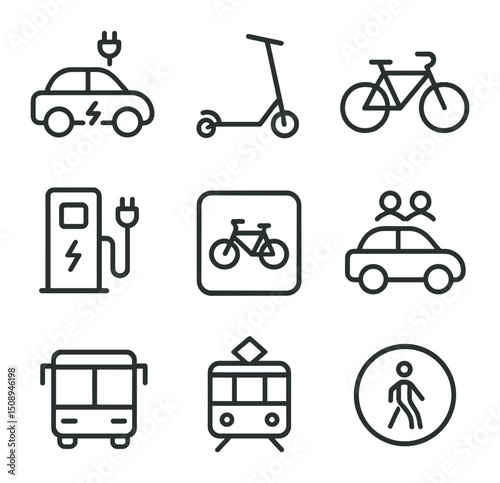 Eco Transportation Icons. Outline icon set of eco-friendly transportation: electric car, e-scooter,