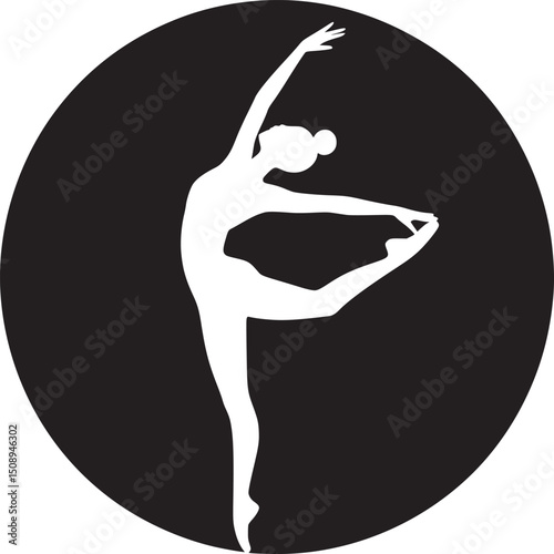White silhouette of a ballerina in a dance pose against a black circular background design element