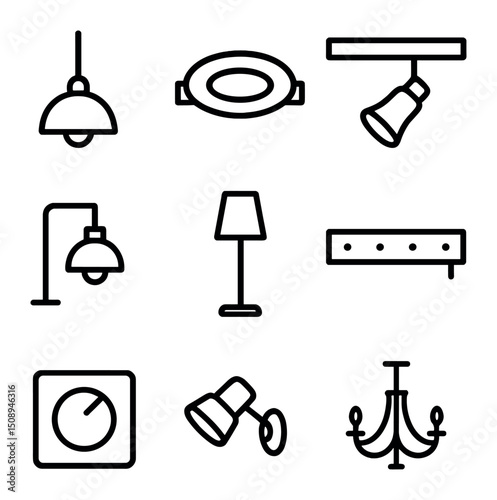 Modern Lighting Icon Set. Outline icon set of modern lighting solutions: pendant lamp silhouette, LED recessed fixture, track
