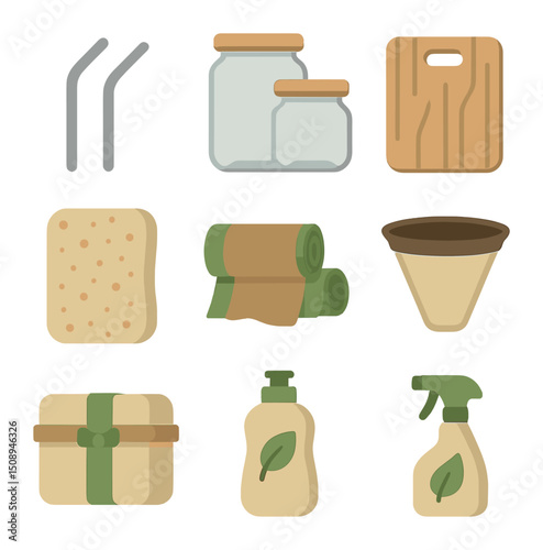 Eco-Friendly Kitchen Icons. Flat icon set of eco-friendly kitchen items: stainless steel straws,