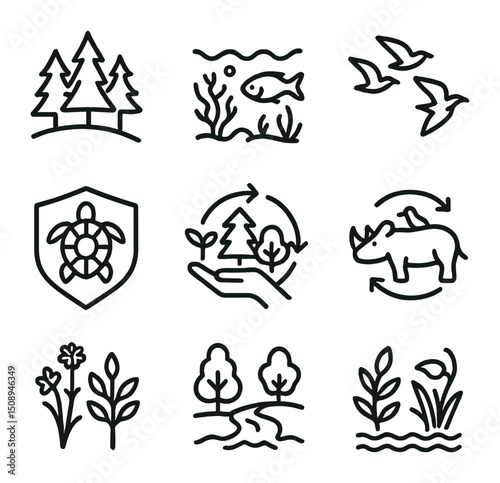Ecological Harmony Icons. Outline icon set of ecological harmony: sustainable forest, ocean reef,