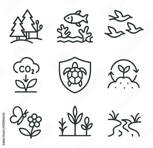 Ecological Harmony Icons. Outline icon set of ecological harmony: sustainable forest, ocean reef,
