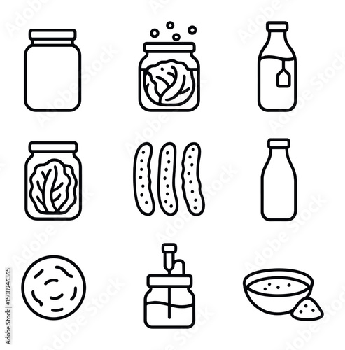 Fermentation Icon Set. Outline icon set of fermentation and pickling: mason jar, fermenting cabbage, kombucha bottle, kimchi jar,