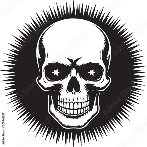 A stark monochrome skull with star eyes set against a spiky halo in a graphic illustration