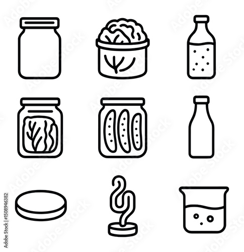 Fermentation Icon Set. Outline icon set of fermentation and pickling: mason jar, fermenting cabbage, kombucha bottle, kimchi jar,