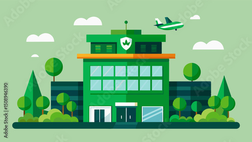 A green building housing the control center for air taxi operations complete with living walls and a rooftop garden for employees to enjoy.. Vector illustration