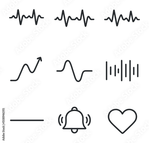 Fetal Heart Rate Icons. Outline icon set of fetal heart rate patterns: normal sinus, tachycardia, bradycardia, accelerations,