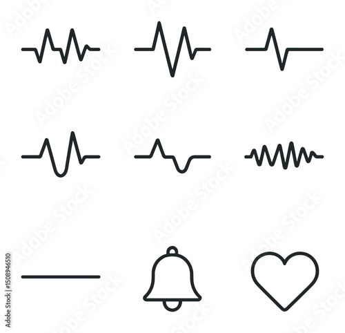 Fetal Heart Rate Icons. Outline icon set of fetal heart rate patterns: normal sinus, tachycardia, bradycardia, accelerations,