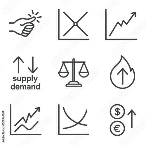 Economic Icons Grid. Outline icon set of economic market forces: invisible hand, equilibrium point,