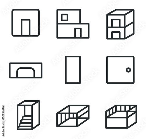 Modular Housing Icons. Outline icon set of modular cardboard housing units: single module, duplex unit, stackable block, corridor