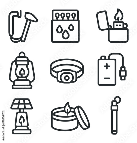 Fire and Lighting Icons. Outline icon set of fire and lighting gear: firestarter kit, waterproof matches, lighter, camp lantern,