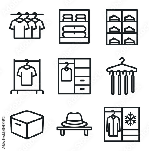 Efficient Clothing Icons. Outline icon set of efficient clothing display systems: hanging shirts,