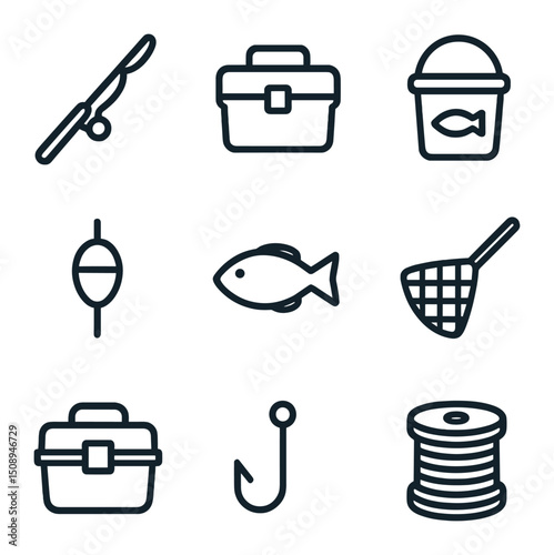 Fishing Gear Icons. Outline icon set of fishing off a wooden dock: fishing rod, tackle box, bait bucket, bobber, fish silhouette,