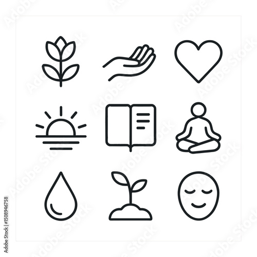 Emotional Healing Icons. Outline icon set of sustainable gardening: compost pile, native plant,