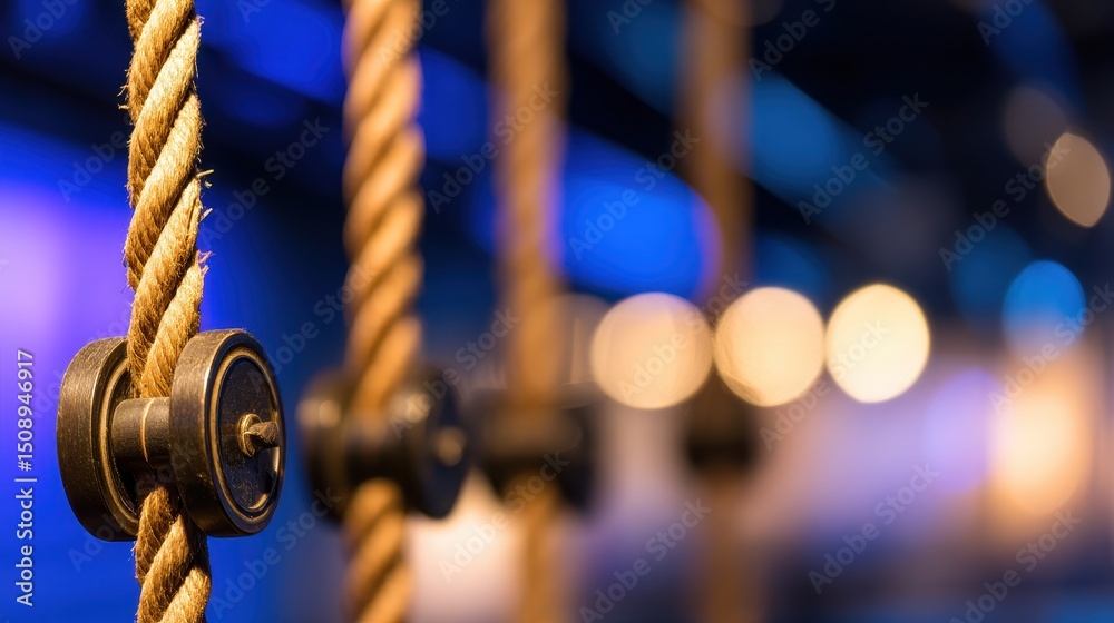 Obraz premium Close-up of ropes with pulleys in a modern indoor setting, illuminated by blue and warm lights