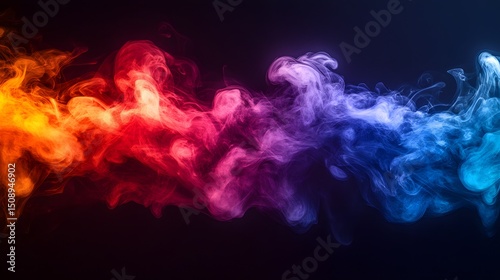 Vibrant swirls of colored smoke elegantly billow across a dark backdrop, creating a mesmerizing blend from fiery orange to cool blue, ideal for abstract themes and backgrounds.