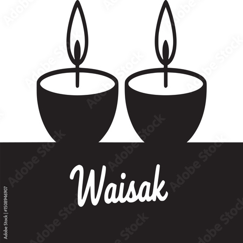 Two black and white illustration of waisak celebration with candles and the word waisak written below it