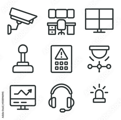 Monitoring Station Icons. Outline icon set of monitoring station setups: surveillance camera, control desk, multiple screens,