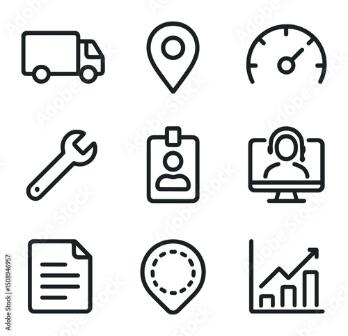 Fleet Management Icons. Outline icon set of fleet management and telematics: truck silhouette, GPS tracking pin, fuel gauge,