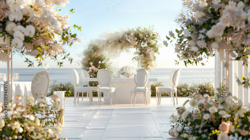 Outdoor wedding aisle. Luxury wedding engagement ceremony with banquet chairs. Beach wedding setup white aisle and chairs, with floral arrangements with a flower decorated arch wedding reception venue