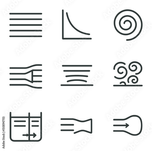 Fluid Dynamics Icons. Outline icon set of fluid dynamics: streamline flow, Reynolds number graph, vortex swirl, Bernoulli tube,