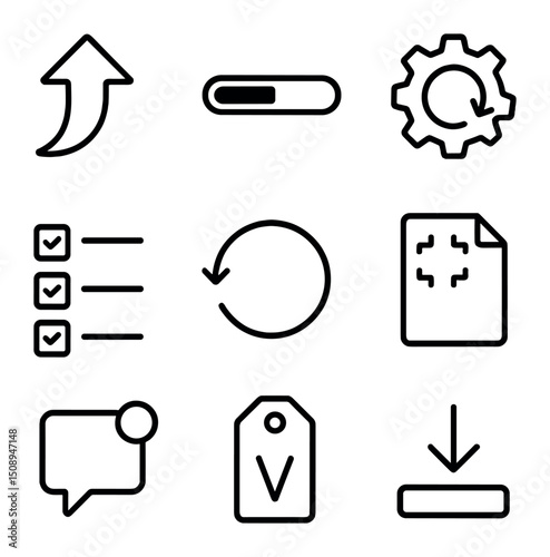 Firmware Icon Set. Outline icon set of firmware & software updates: update arrow, download progress bar, gear with arrow,