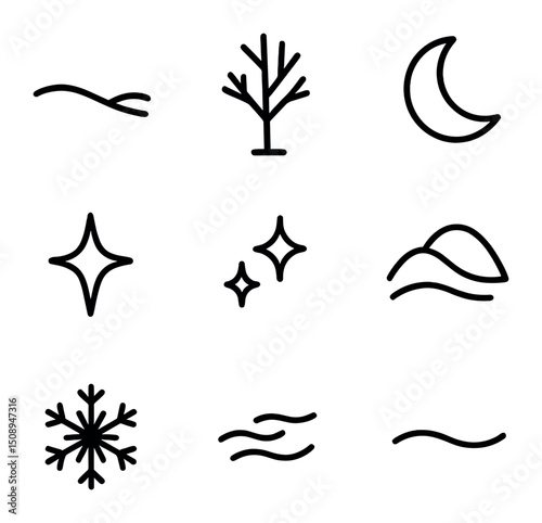 Moonlit Landscape Icons. Outline icon set of moonlit snowy landscape: snow-covered ground, bare tree, moon icon, star icon,