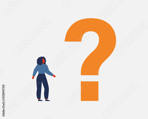 Black woman stands near big question mark and looking at it. Metaphor of uncertainty, doubt, decision or explanation. Vector illustration