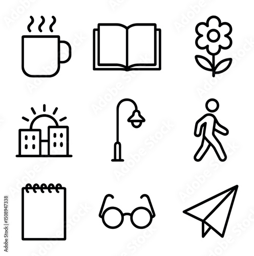 Everyday Inspiration Icons. Outline icon set of finding inspiration in everyday life: steaming