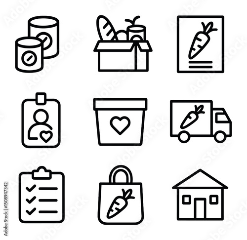 Food Drive Icons. Outline icon set of food drive campaign: canned goods, donation box, poster, volunteer badge, collection bin,