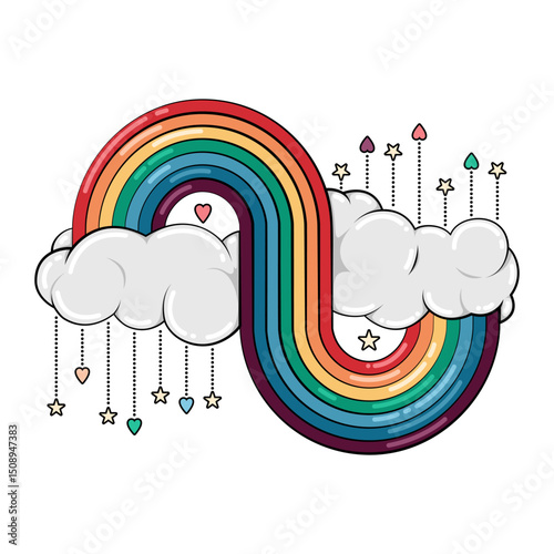 Cute rainbow and clouds with hearts and stars