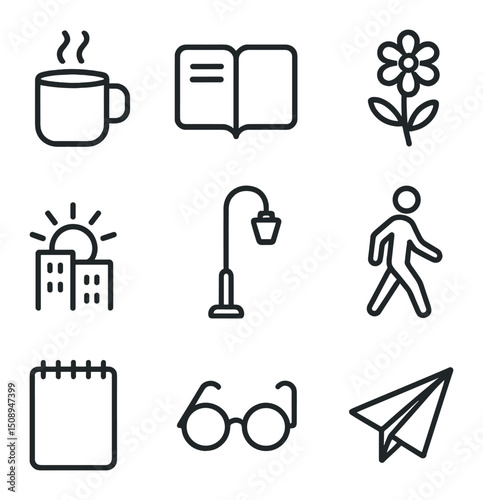 Everyday Inspiration Icons. Outline icon set of finding inspiration in everyday life: steaming