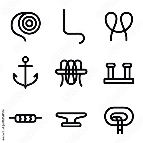 Mooring Line Icons. Outline icon set of mooring lines: mooring line, spring line, breast line, anchor rode, dock line, bitt,